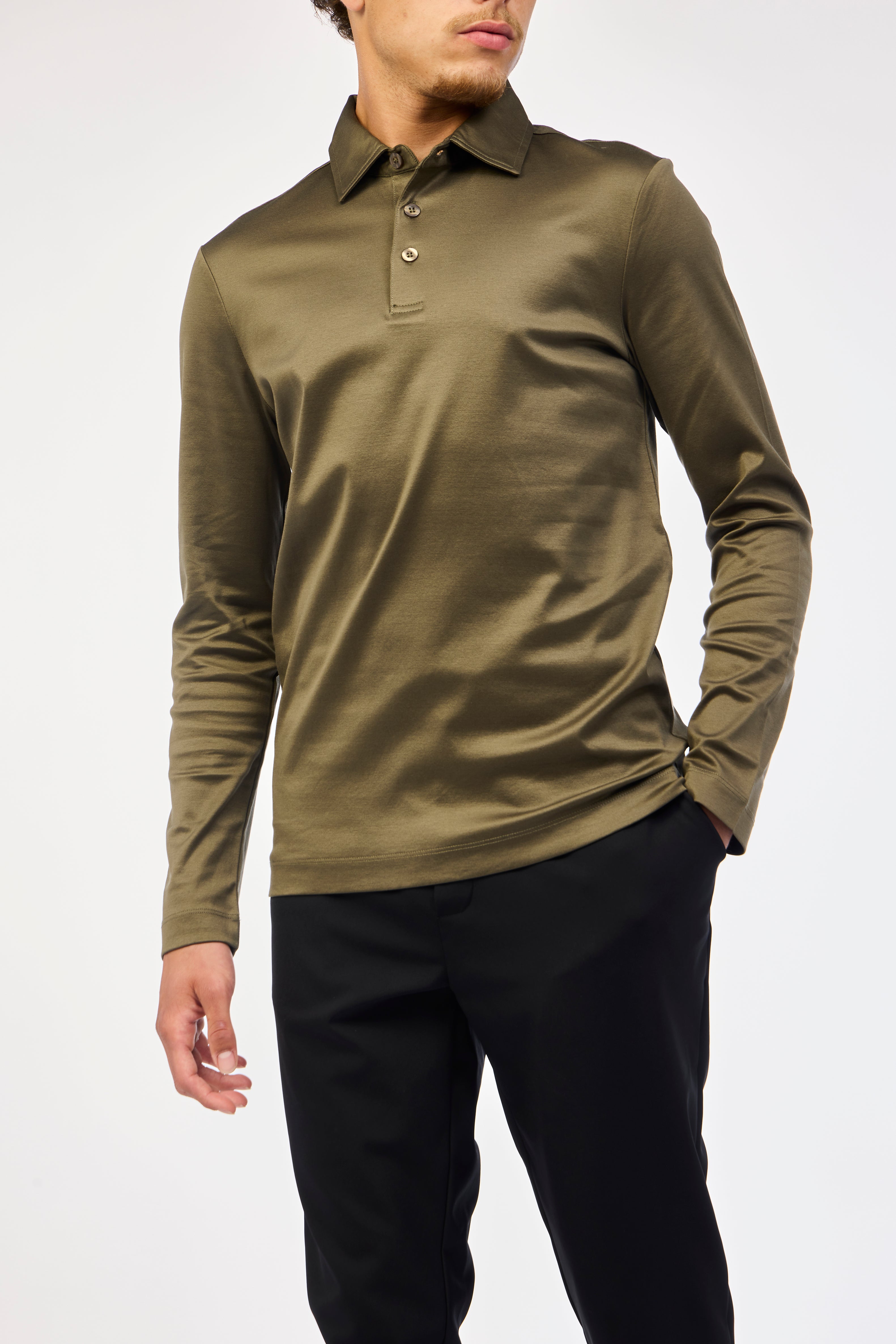 Olive Silk Long Sleeve Polo